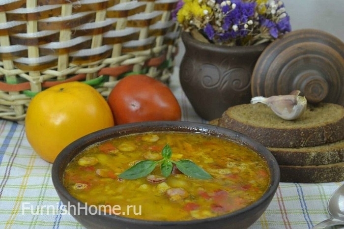 Гороховый суп с охотничьими колбасками (гороховый, охотничий, колбаска, Гороховый охотничьими, Гороховый охотничьими колбасками, охотничьими колбасками) колбаска