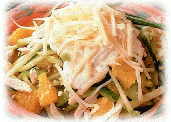 Салат с курицей, ветчиной и апельсинами (салат, курица, ветчина, апельсин, ветчиной апельсинами, курицей ветчиной) курица